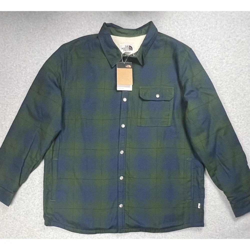 The North Face Mens 2XL Green Plaid Sherpa Lined Heavyweight Flannel Shirt